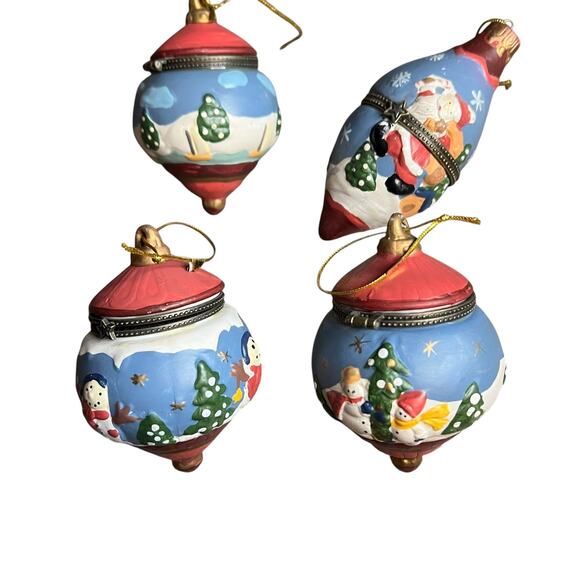4pc Set of Porcelain Hand Painted Hinged Trinket Box Christmas Ornaments - Picture 3 of 7